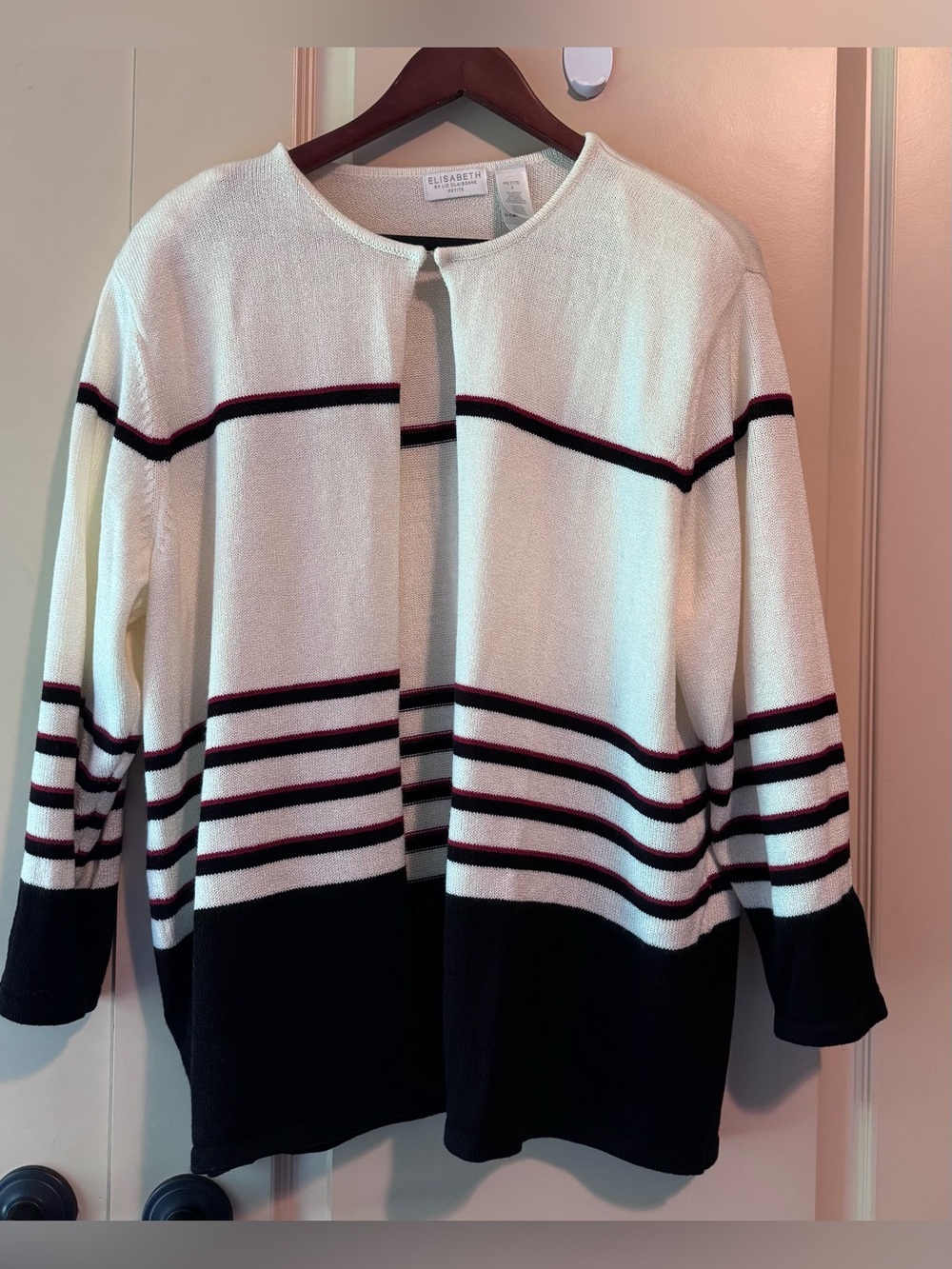 Liz Claiborne Cream Open-Front Cardigan with Navy and Burgundy Stripes
